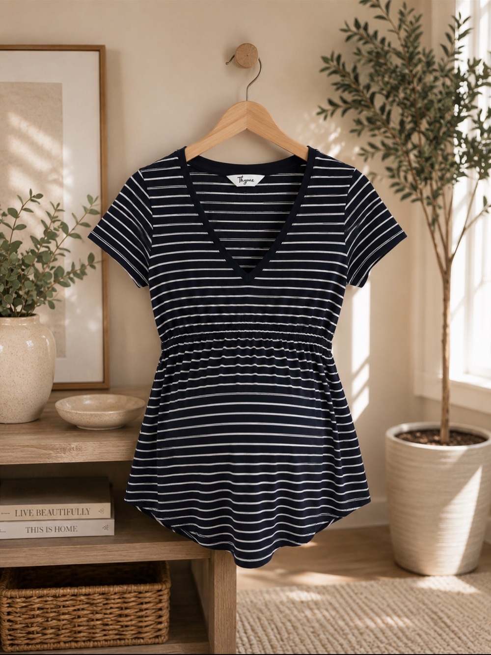 Thyme Maternity Black and White Striped V-Neck Short Sleeve Nursing Top